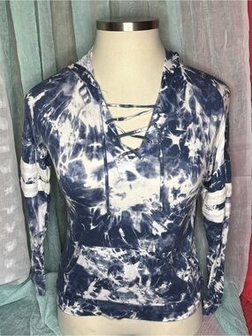 Pink Republic Lace-Up Tie-Dye Hoodie- Navy & White